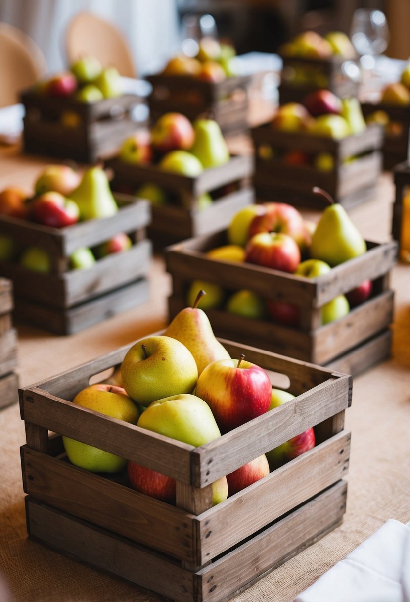 Wooden crates overflow with apples and pears, arranged as autumn wedding table decor