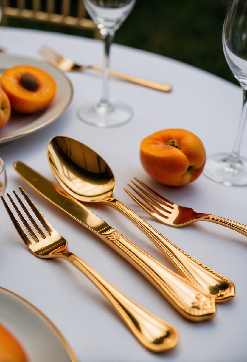 Elegant gold cutlery with apricot detailing on a wedding table