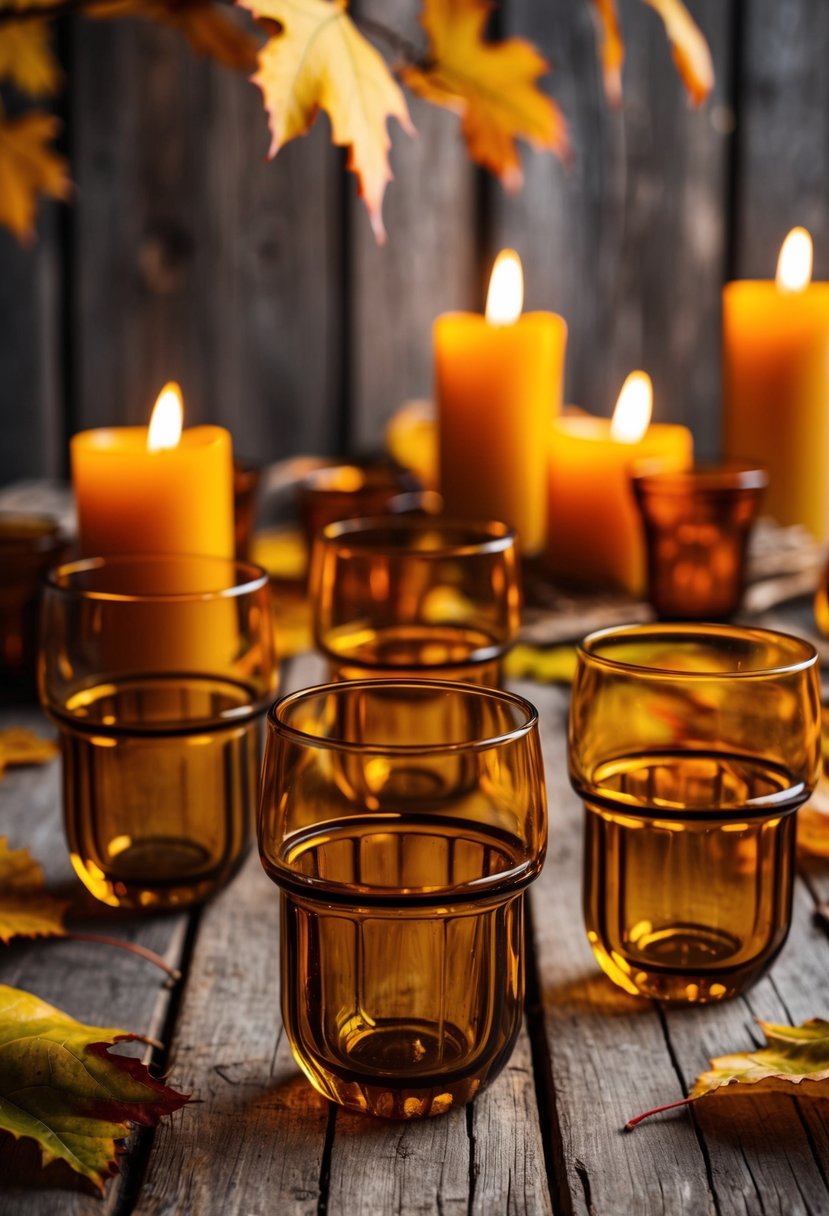 Amber glassware arranged on a rustic wooden table, surrounded by autumn leaves and warm candlelight