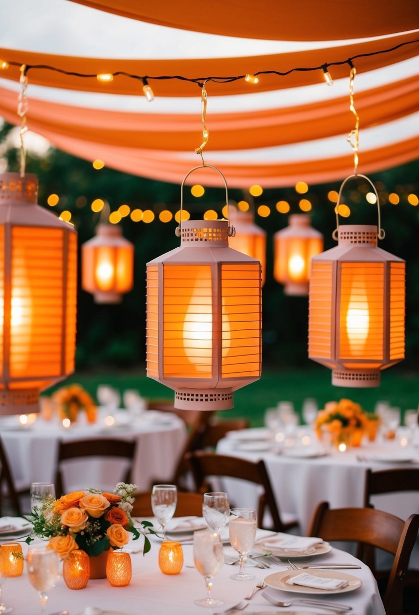 Apricot-tinted lanterns casting warm light over wedding tables adorned with apricot decorations