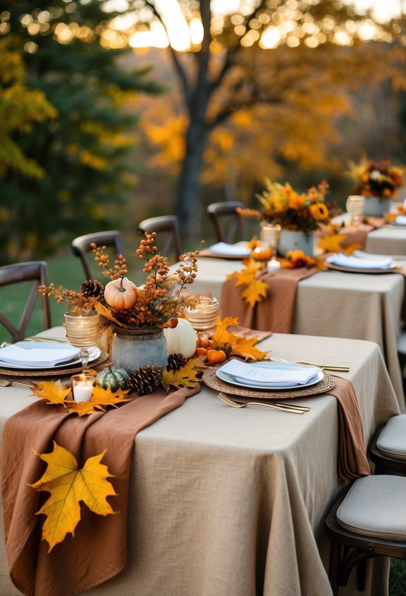 Linen tablecloths in warm, earthy tones adorned with autumn leaves and rustic centerpieces