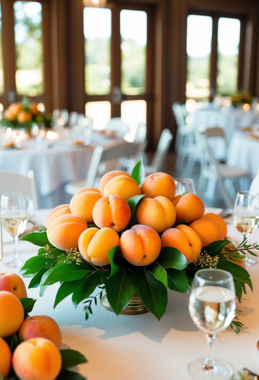 A table adorned with fresh apricot fruit arrangements for a wedding centerpiece