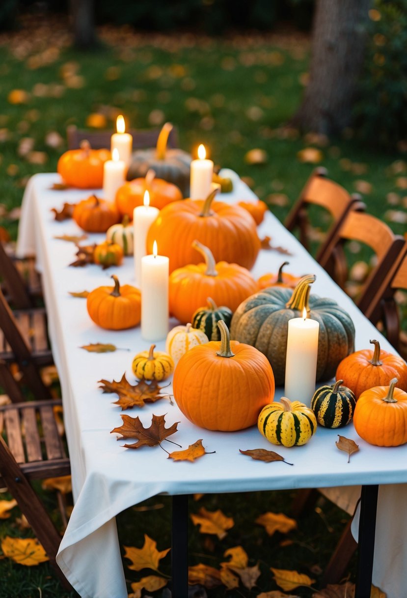 An outdoor table with a white tablecloth, adorned with pumpkins, gourds, and candles in warm autumn colors. Fallen leaves scattered around