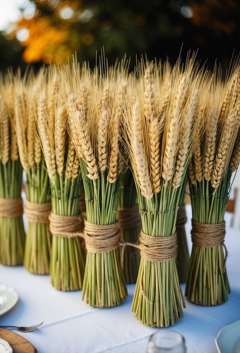 Wheat bundles tied with twine arranged as table decorations for an autumn wedding