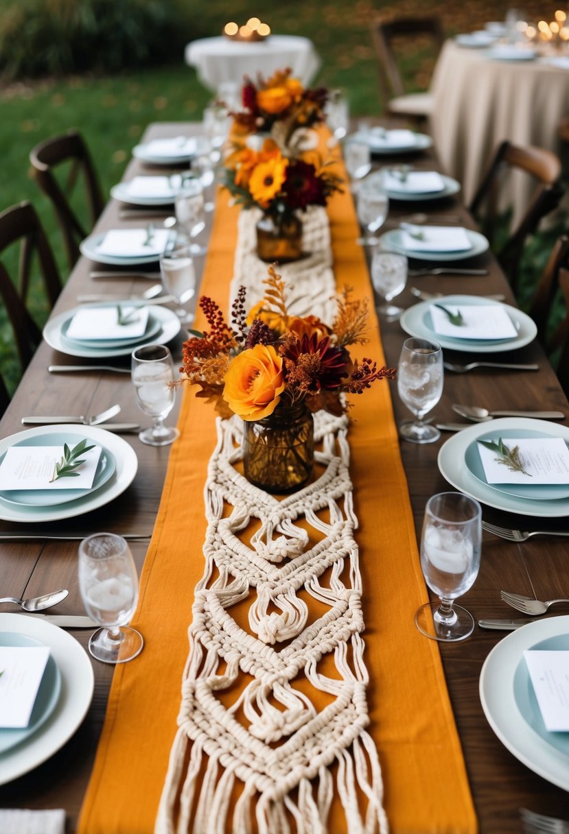 An autumn-themed table adorned with a macrame runner, surrounded by simple wedding decor