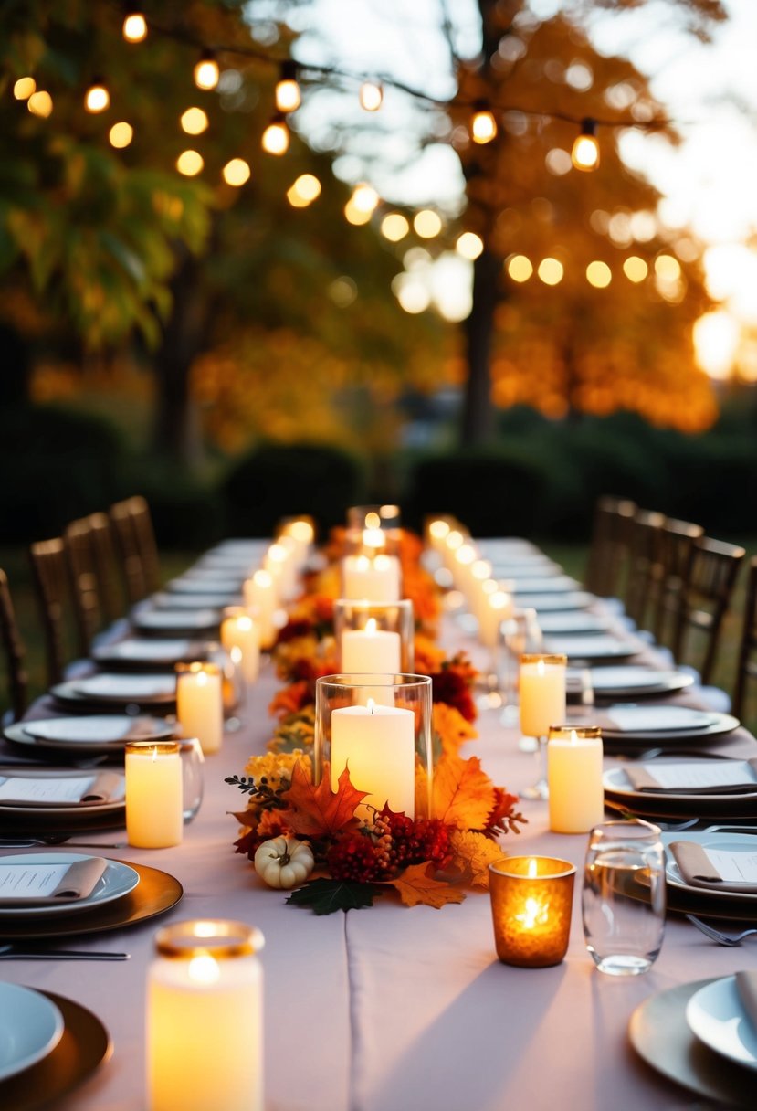 Softly lit autumn wedding table with LED candle lanterns