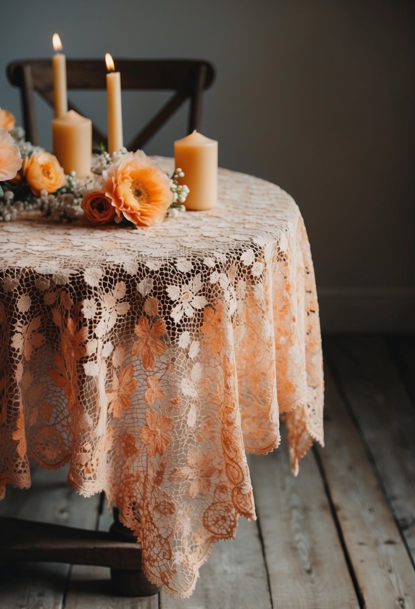 A vintage apricot lace tablecloth draped over a rustic wooden table, adorned with delicate apricot flowers and candles