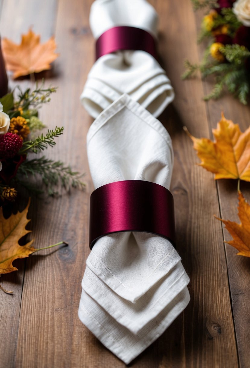 Burgundy napkin rings encircling white linen napkins on a wooden table, surrounded by autumn leaves and simple floral arrangements