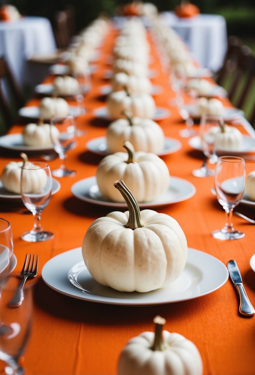 Miniature white pumpkins arranged at each place setting on an autumn-themed wedding table