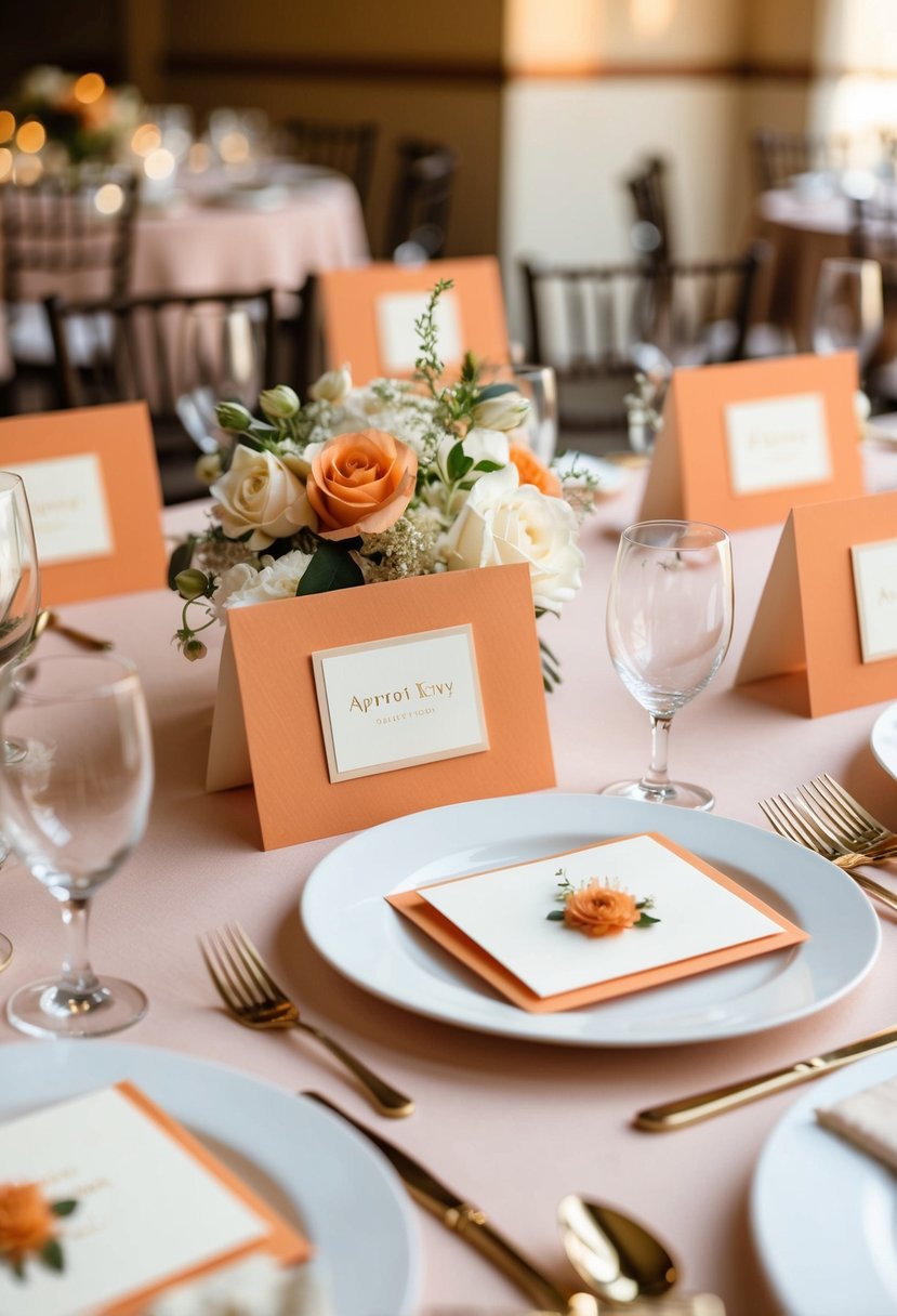 Apricot and ivory place cards arranged on a beautifully decorated wedding table