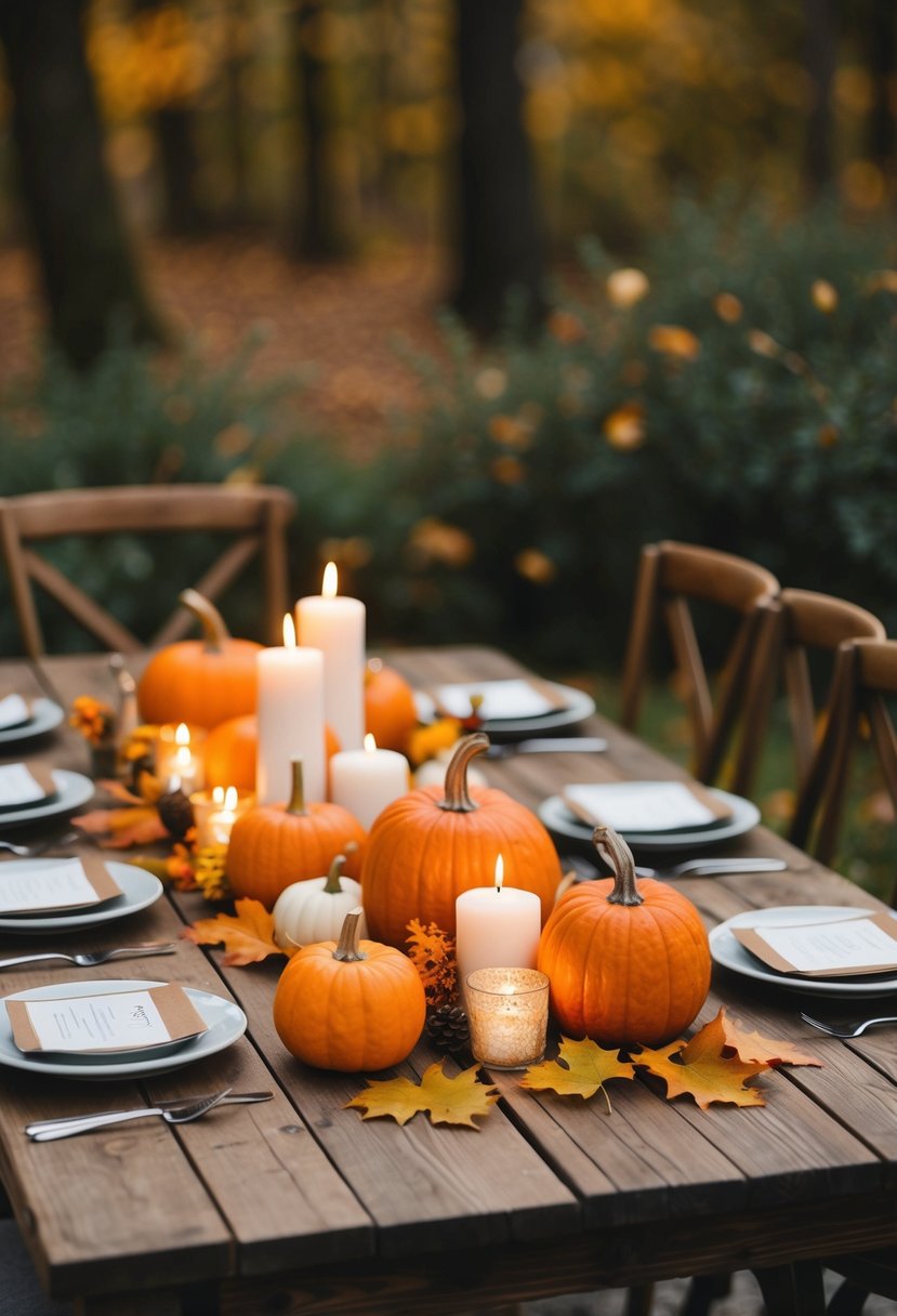 A rustic wooden table adorned with small pumpkins, candles, and autumn leaves, creating a simple and charming wedding centerpiece