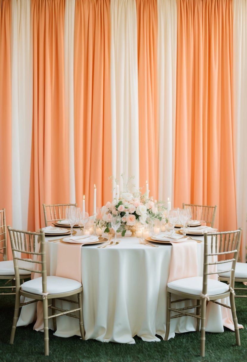 Apricot and cream drapery cascading over a wedding table, adorned with delicate floral arrangements and soft candlelight