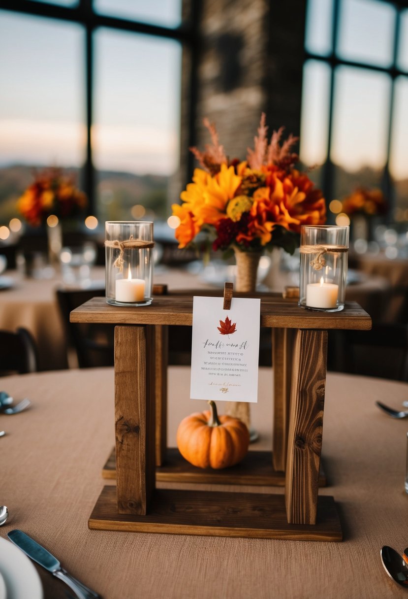 Rustic wooden stands hold simple autumn wedding table decor