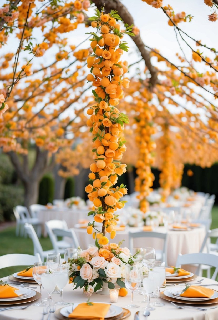 An apricot blossom garland drapes over a wedding table, surrounded by delicate floral arrangements and elegant place settings