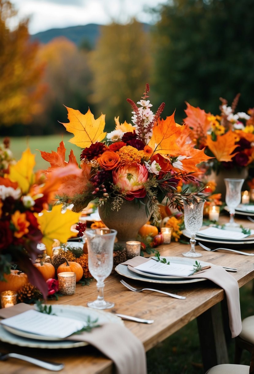 Vibrant leaves and flowers adorn a rustic wedding table in autumn