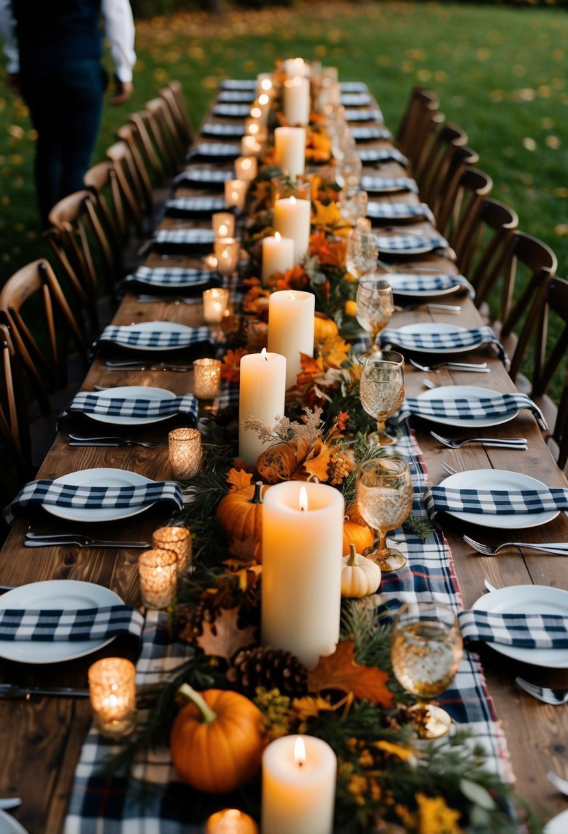 A long wooden table set with plaid runners, adorned with autumn foliage and candles for a rustic wedding vibe