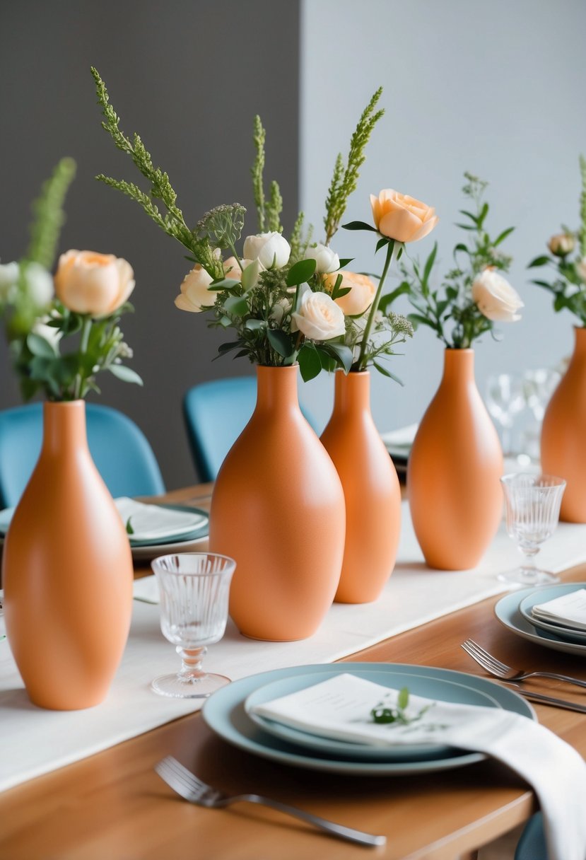 A simple, modern table setting with apricot ceramic vases as wedding centerpieces