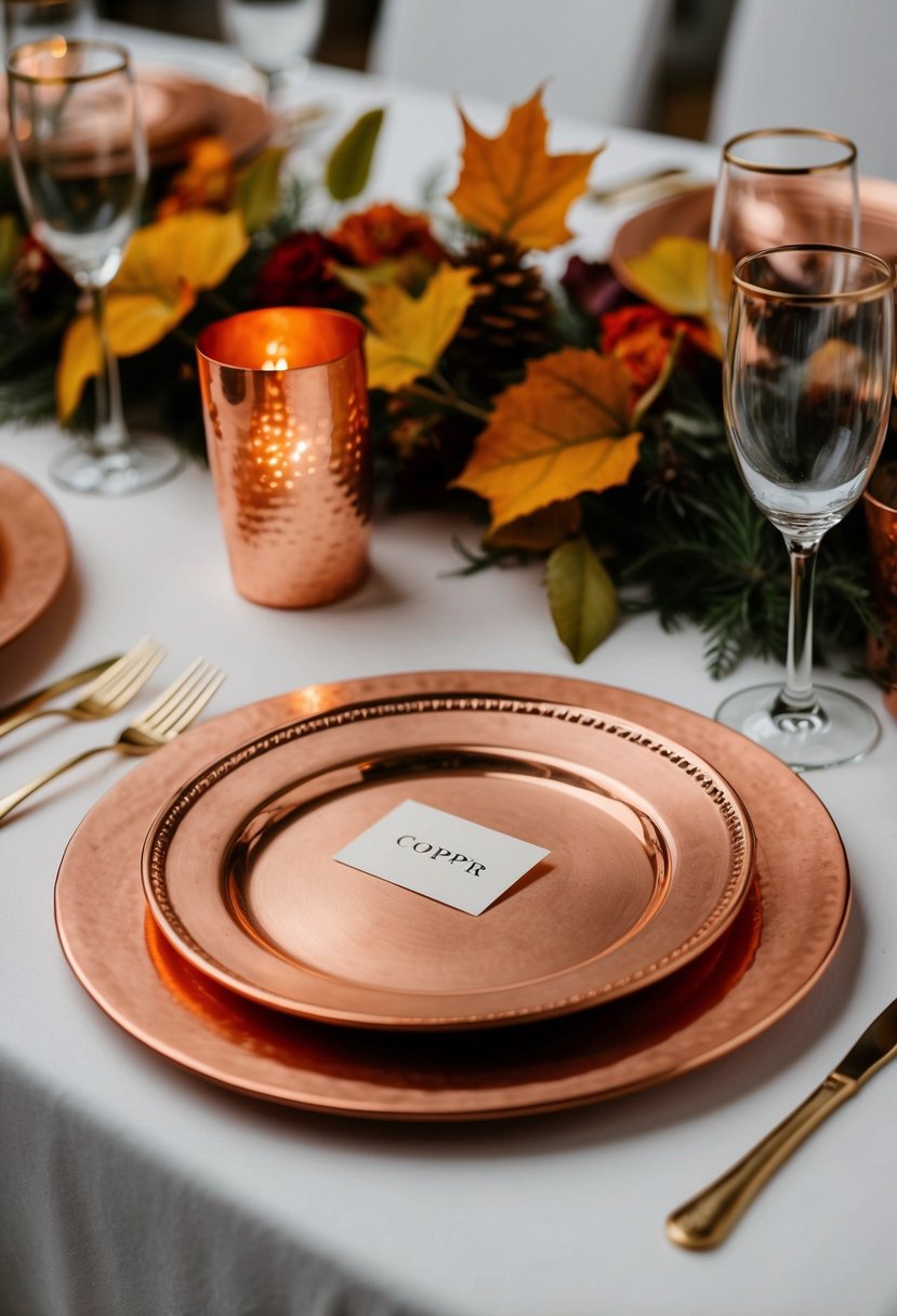 Copper chargers with autumn foliage and simple table decor for a wedding