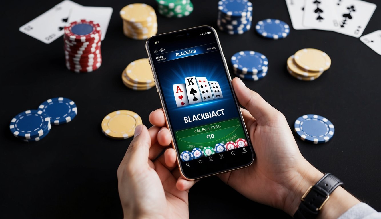 Sebuah smartphone yang menampilkan aplikasi permainan blackjack dengan desain yang ramping dan modern, dikelilingi oleh chip kasino virtual dan kartu.