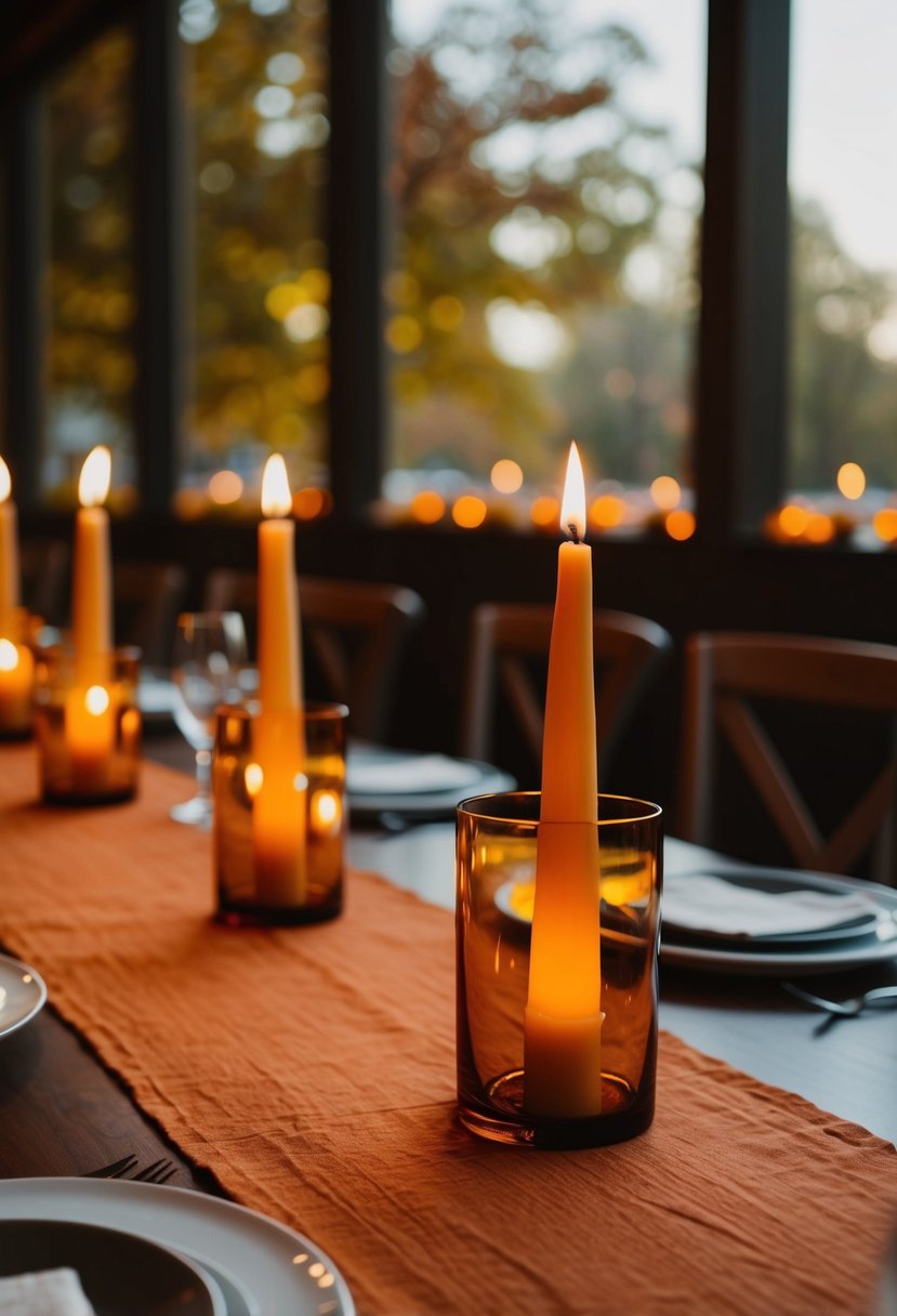 Amber candle holders illuminate a simple autumn wedding table