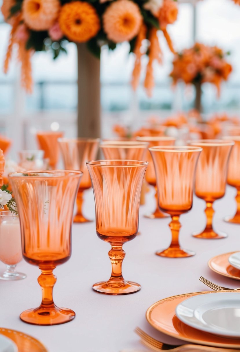 Apricot-hued water goblets arranged on a wedding table with matching apricot decorations