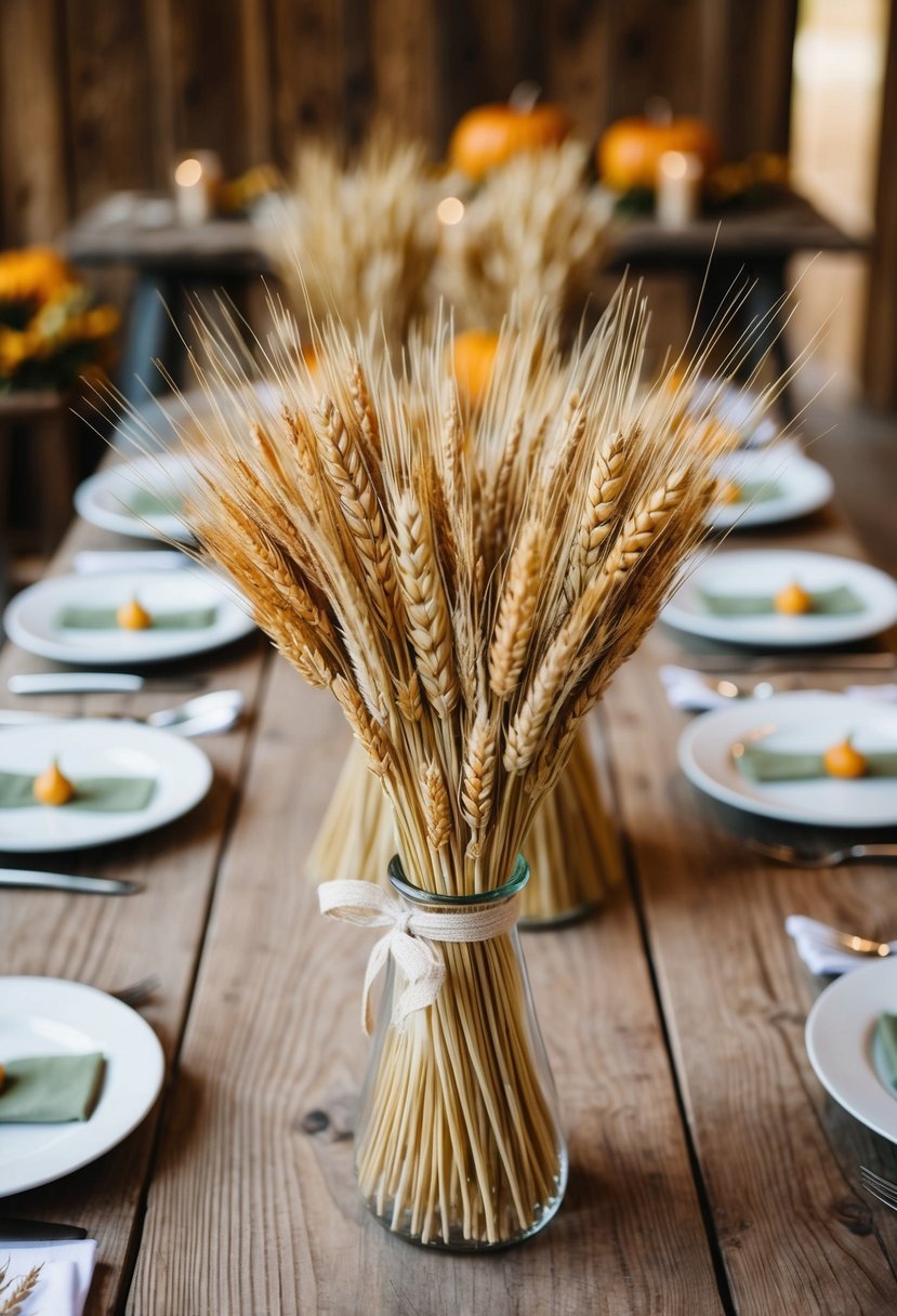 A rustic table adorned with dried wheat bundles, evoking a simple and elegant autumn wedding decoration