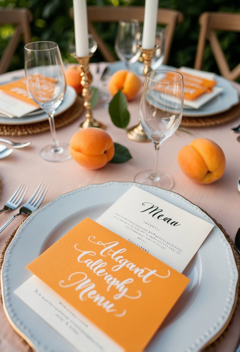 An elegant table setting with apricot-colored calligraphy menus and decorative apricots