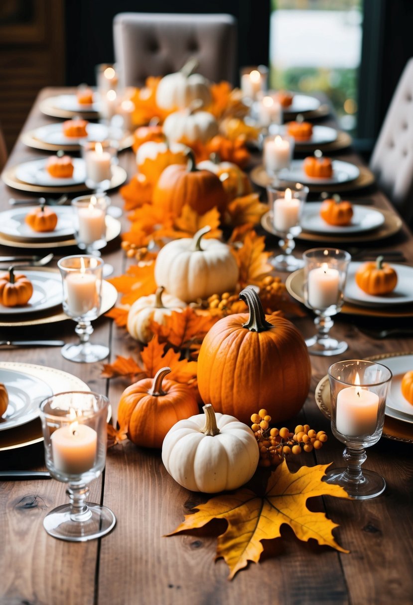 A wooden table adorned with orange and gold leaves, small pumpkins, and candles in glass holders