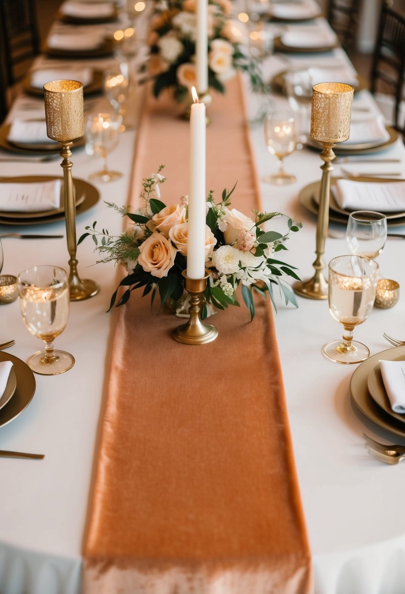 Apricot velvet table runners draped across a wedding reception table, adorned with delicate floral centerpieces and golden candle holders