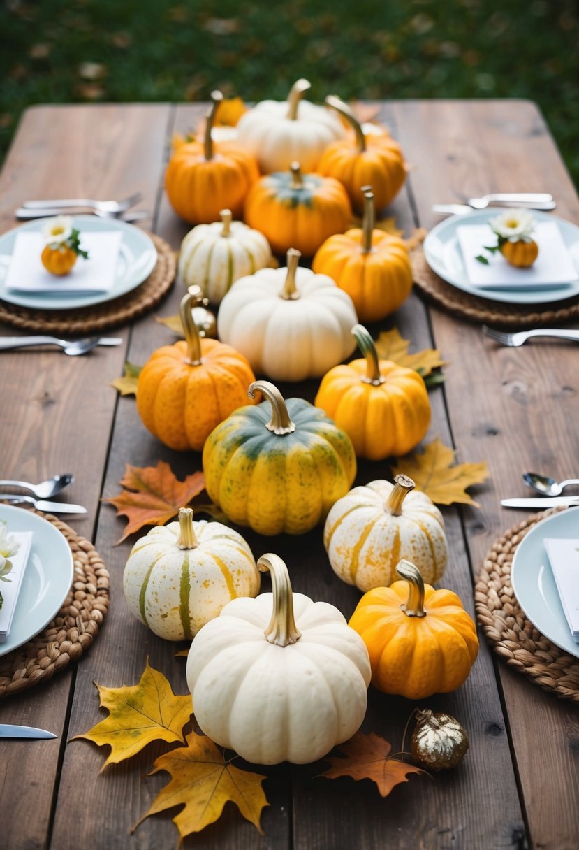 Hand-painted gourds arranged on a rustic wooden table with autumn leaves and simple floral accents for a wedding decoration