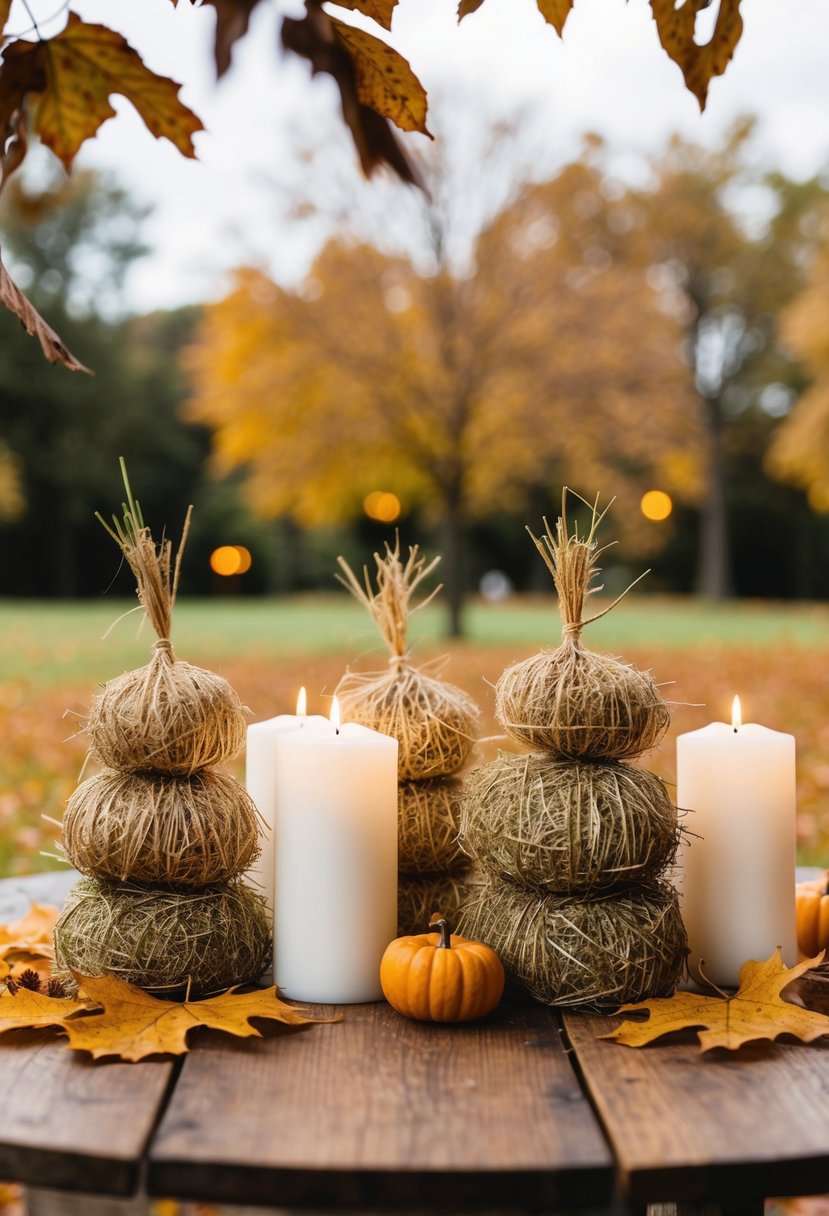 Mini haystacks, autumn leaves, and simple white candles arranged on a wooden table for a rustic wedding decoration