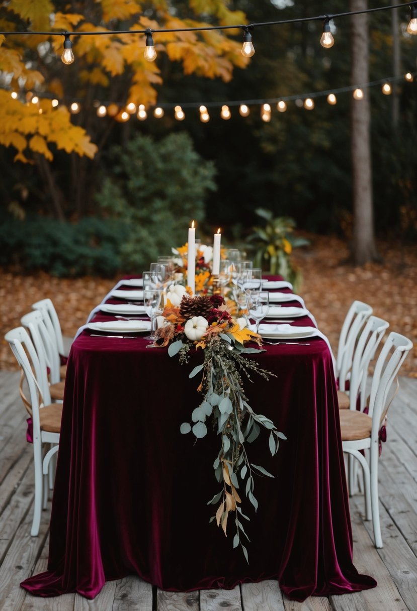 Velvet tablecloths drape a rustic wooden table, adorned with autumn foliage and simple wedding decor