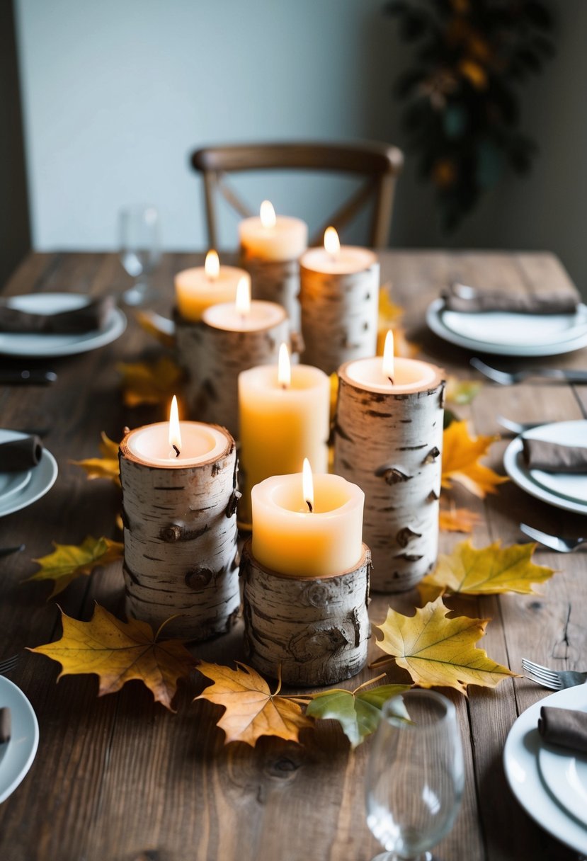 Birchwood candle holders arranged on a rustic table with autumn leaves and simple wedding decor