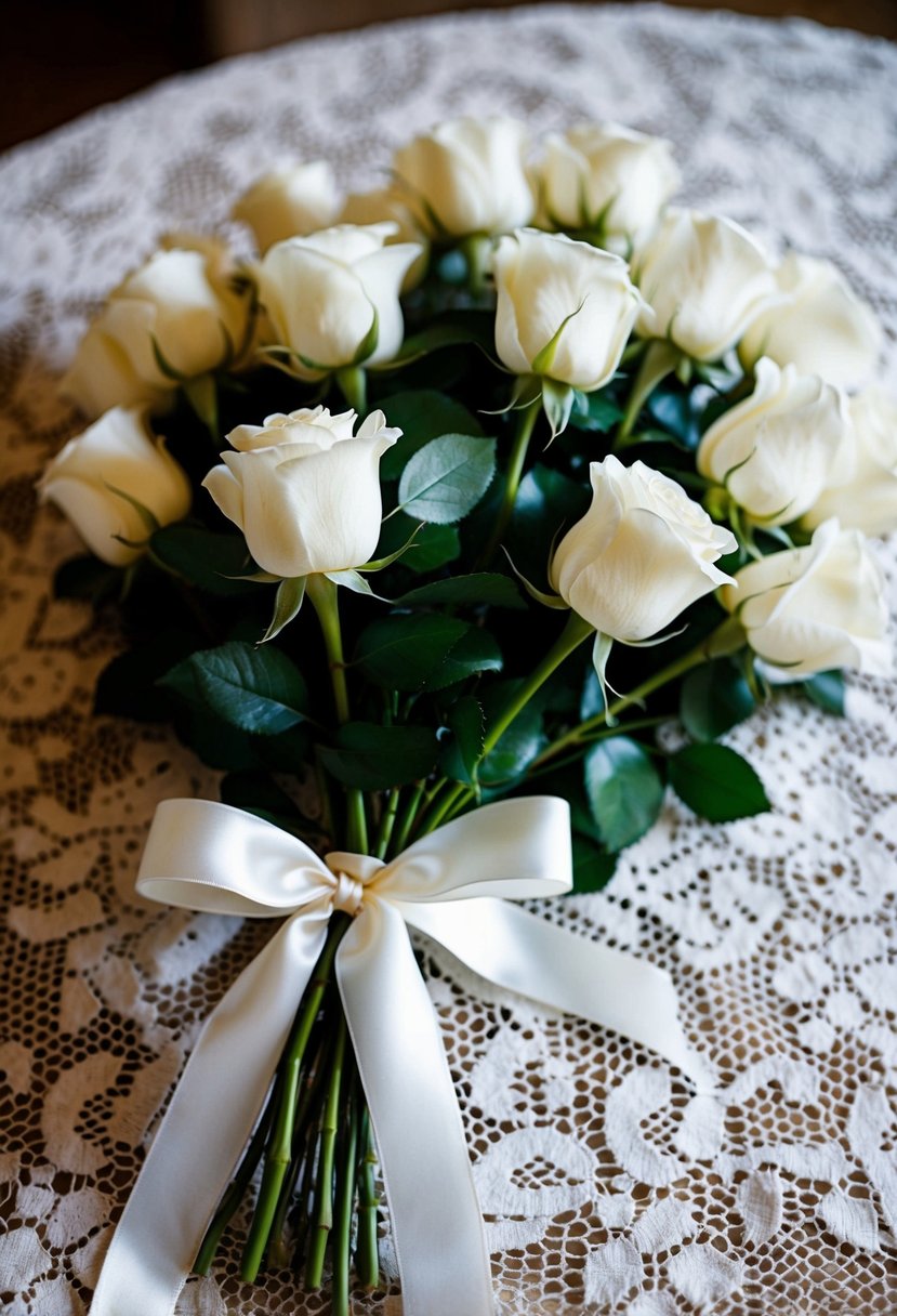 A bouquet of white roses, tied with satin ribbon, resting on a vintage lace tablecloth