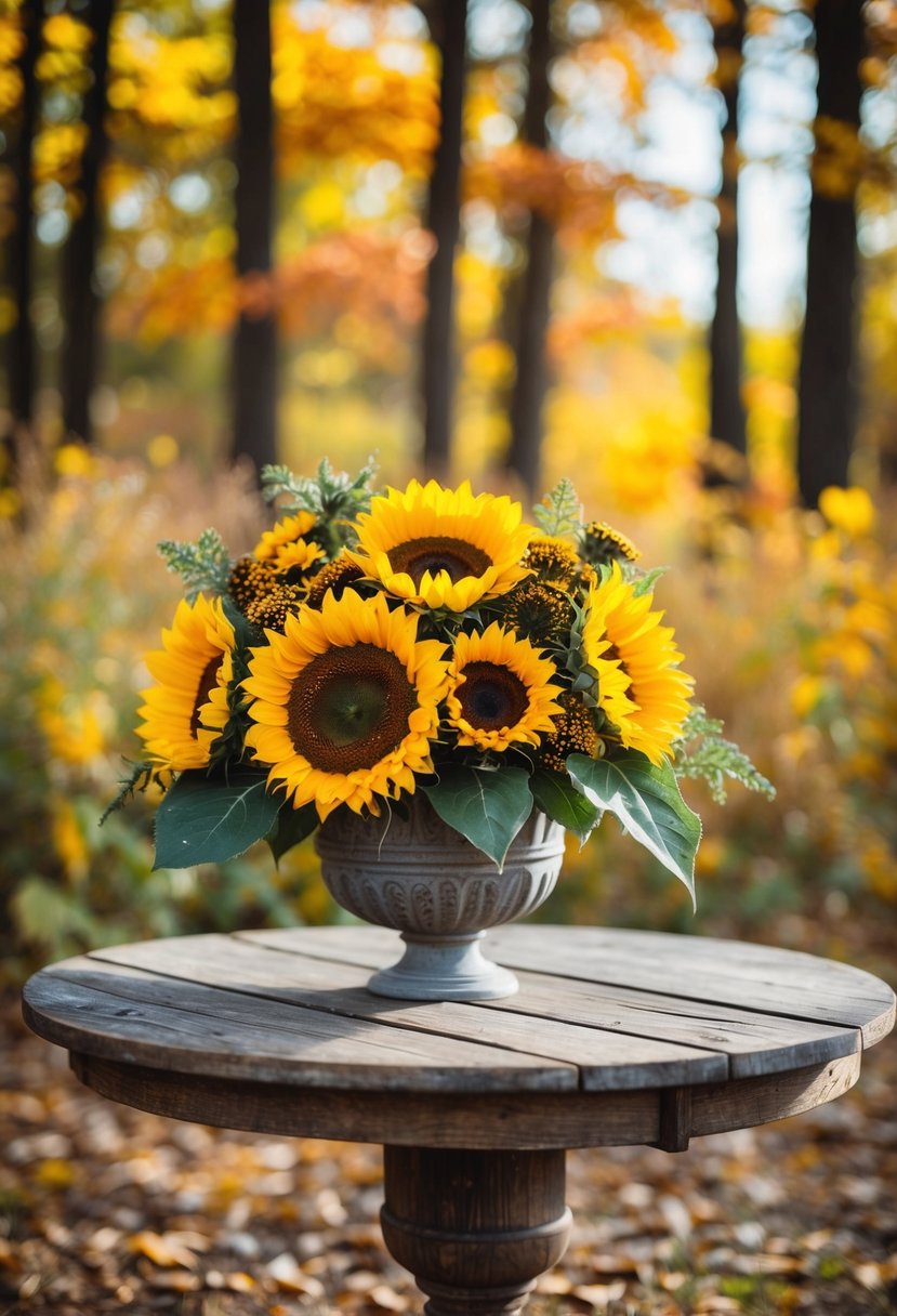 A rustic wooden table adorned with sunflower arrangements, set against a backdrop of autumn foliage