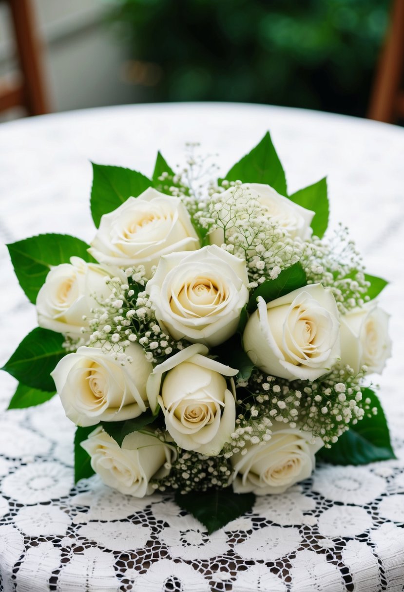 A white roses and baby's breath bouquet resting on a lace tablecloth