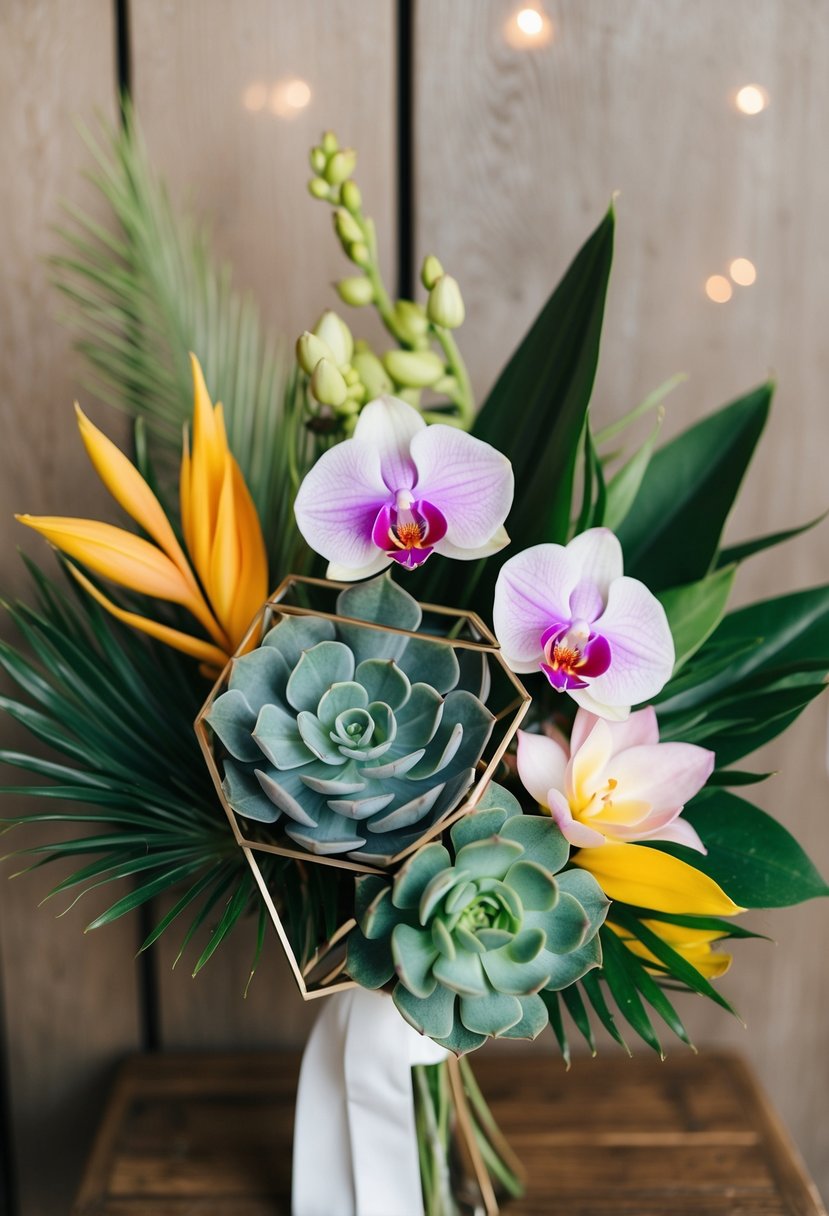 A modern wedding bouquet featuring succulents, exotic orchids, and vibrant tropical flowers in a geometric, asymmetrical arrangement