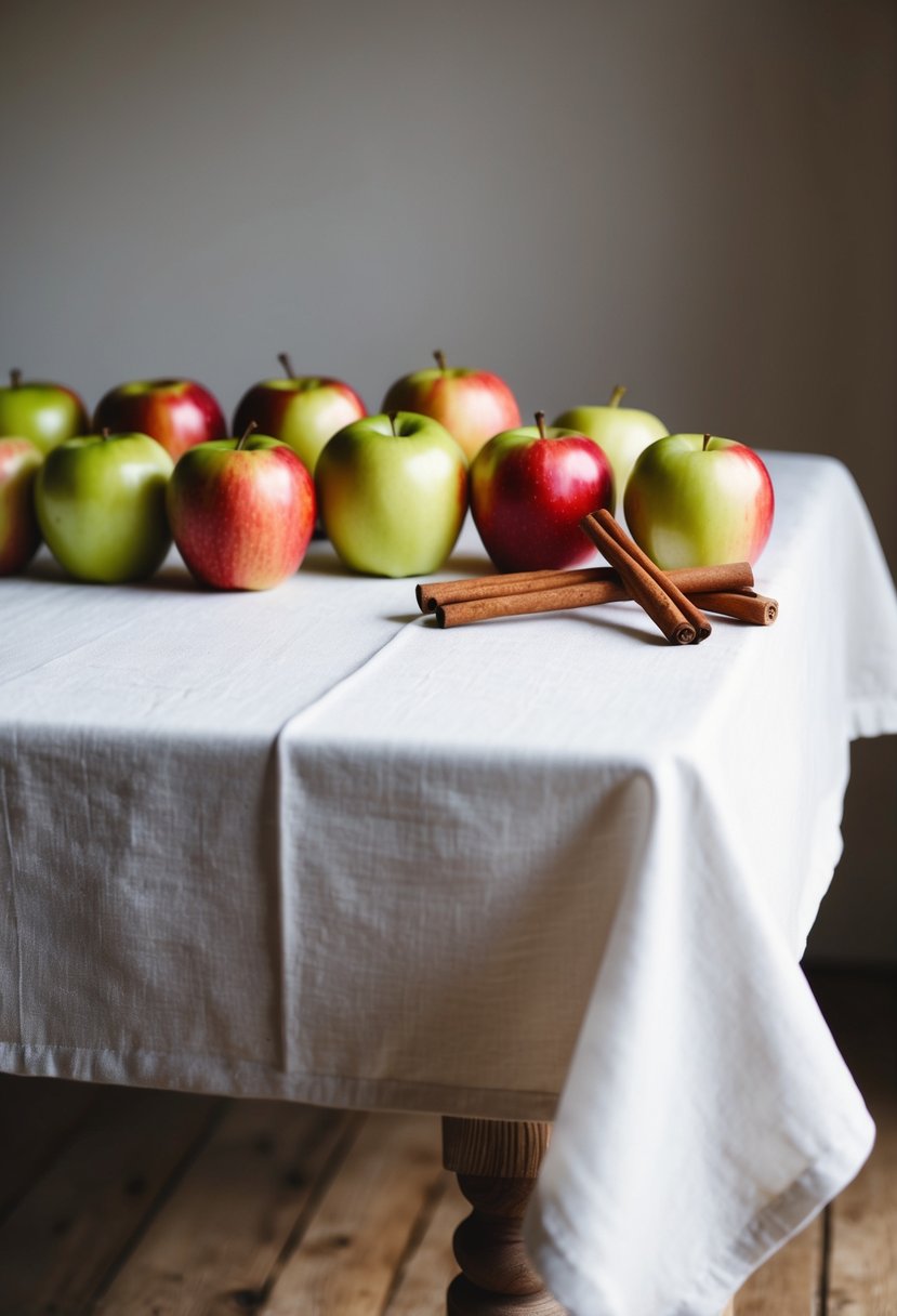 A rustic wooden table with a white tablecloth, adorned with fresh apples and cinnamon sticks arranged in a simple and elegant manner