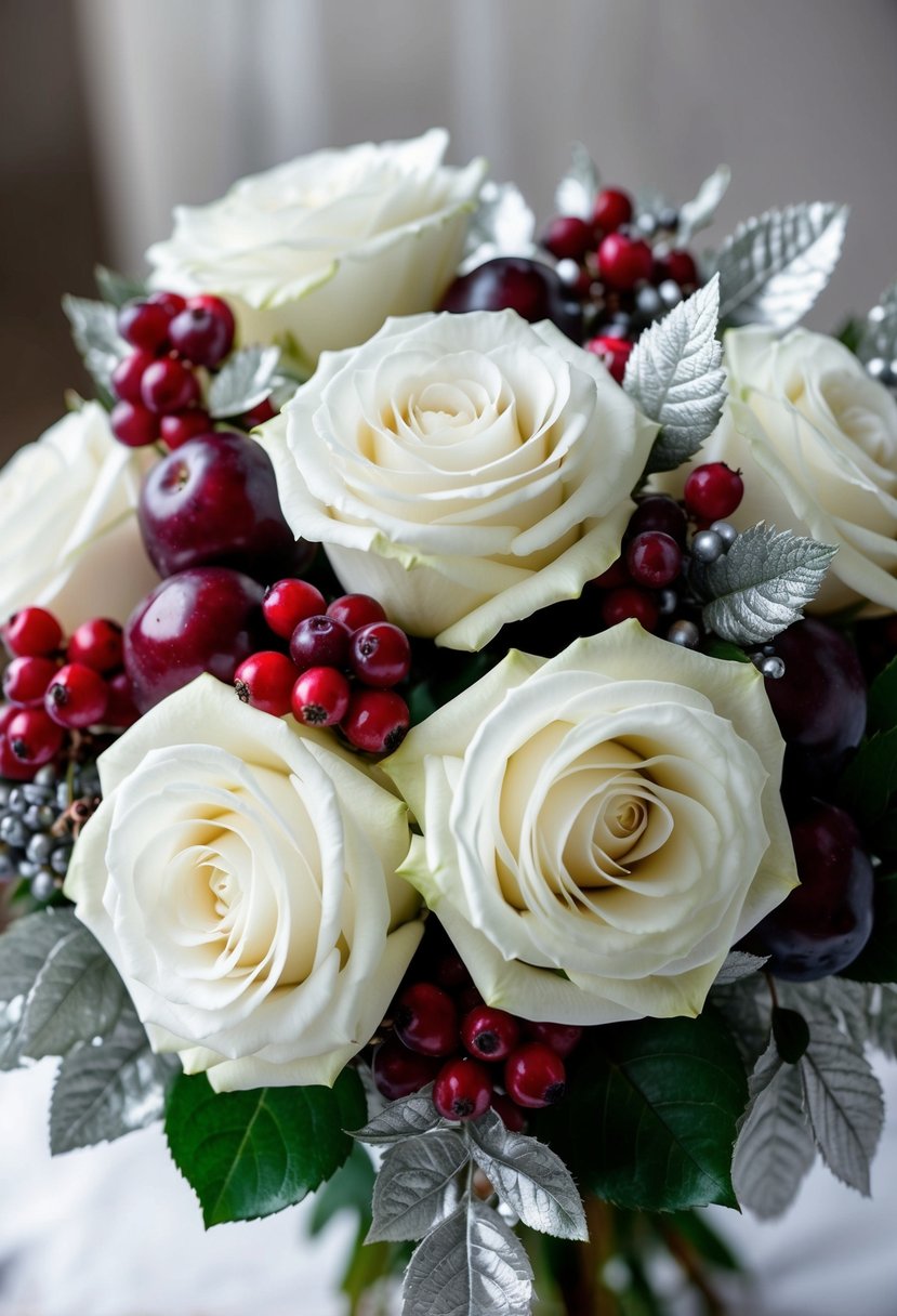 A bouquet of white roses adorned with plum berries and silver foliage