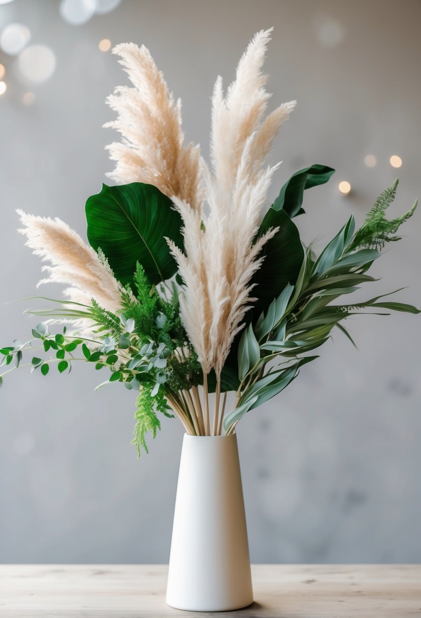 A modern wedding bouquet featuring elegant pampas grass and unique greenery, arranged in a sleek, minimalist vase