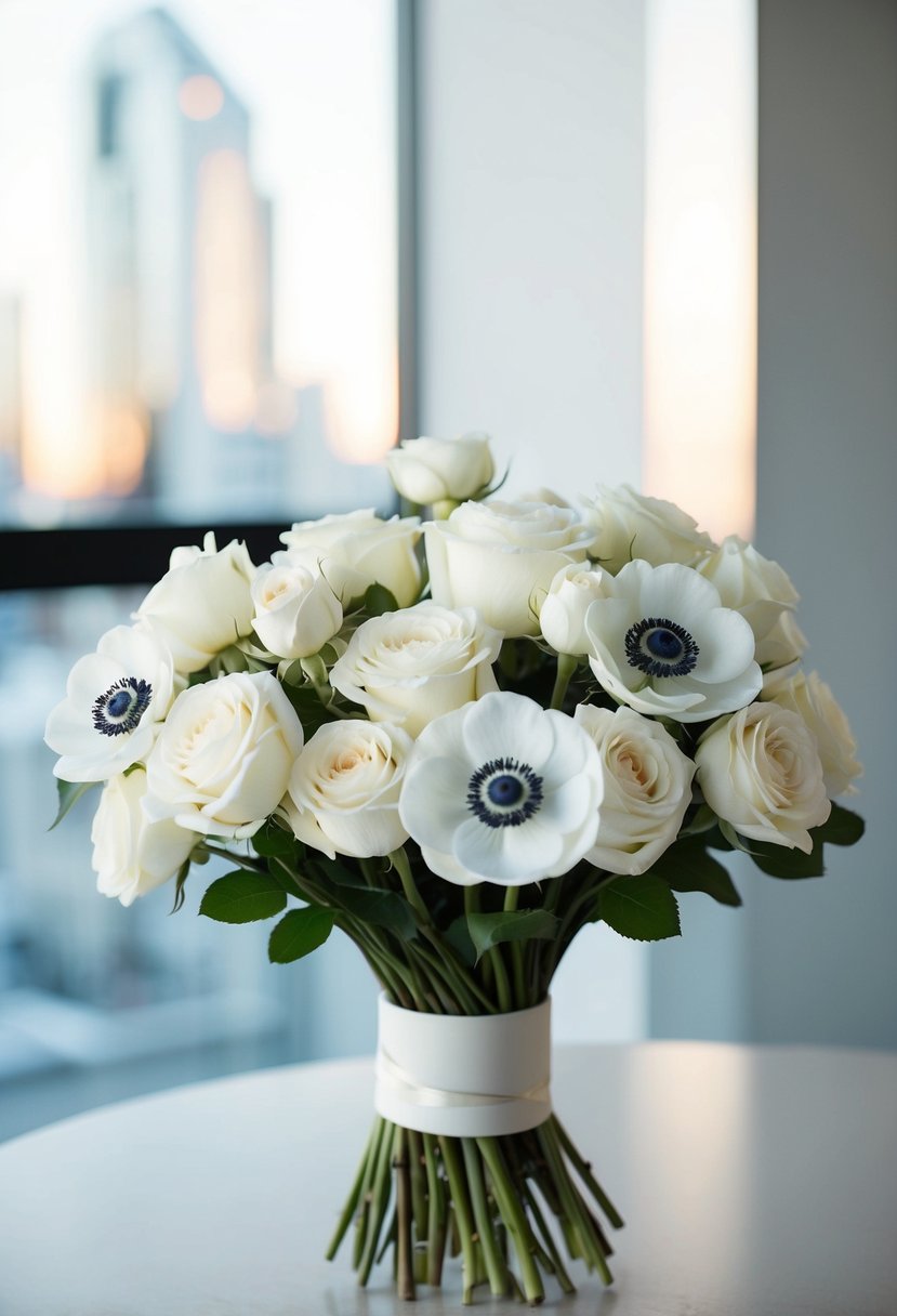 A modern bouquet of white roses and anemones arranged in a clean, minimalist style