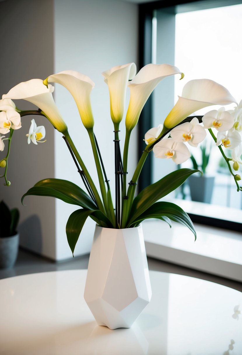 A sleek, all-white bouquet of calla lilies and orchids in a modern, geometric vase on a clean, white tabletop