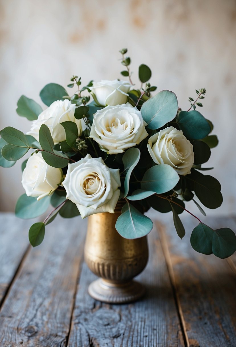 A rustic white rose wedding bouquet with eucalyptus leaves, arranged in a vintage vase on a weathered wooden table