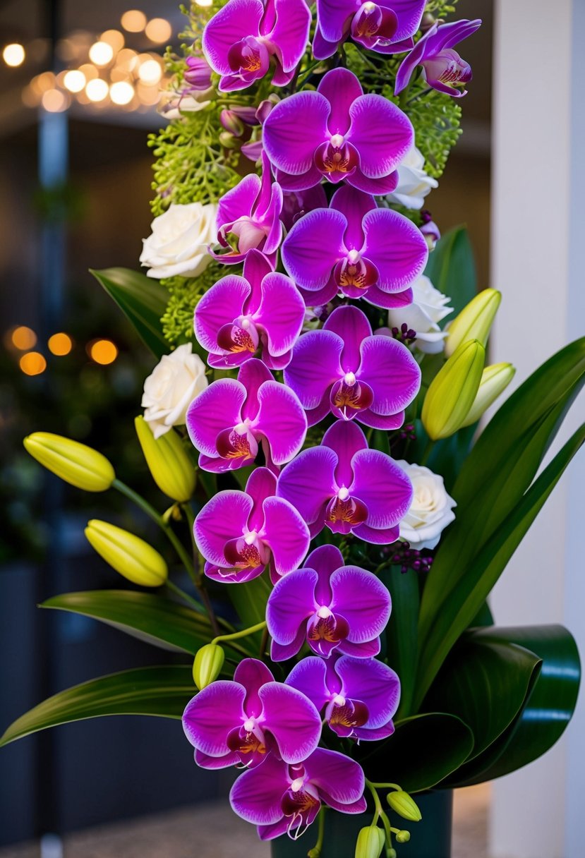 A vibrant cascade of orchids, lilies, and greenery in a sleek, modern bouquet design