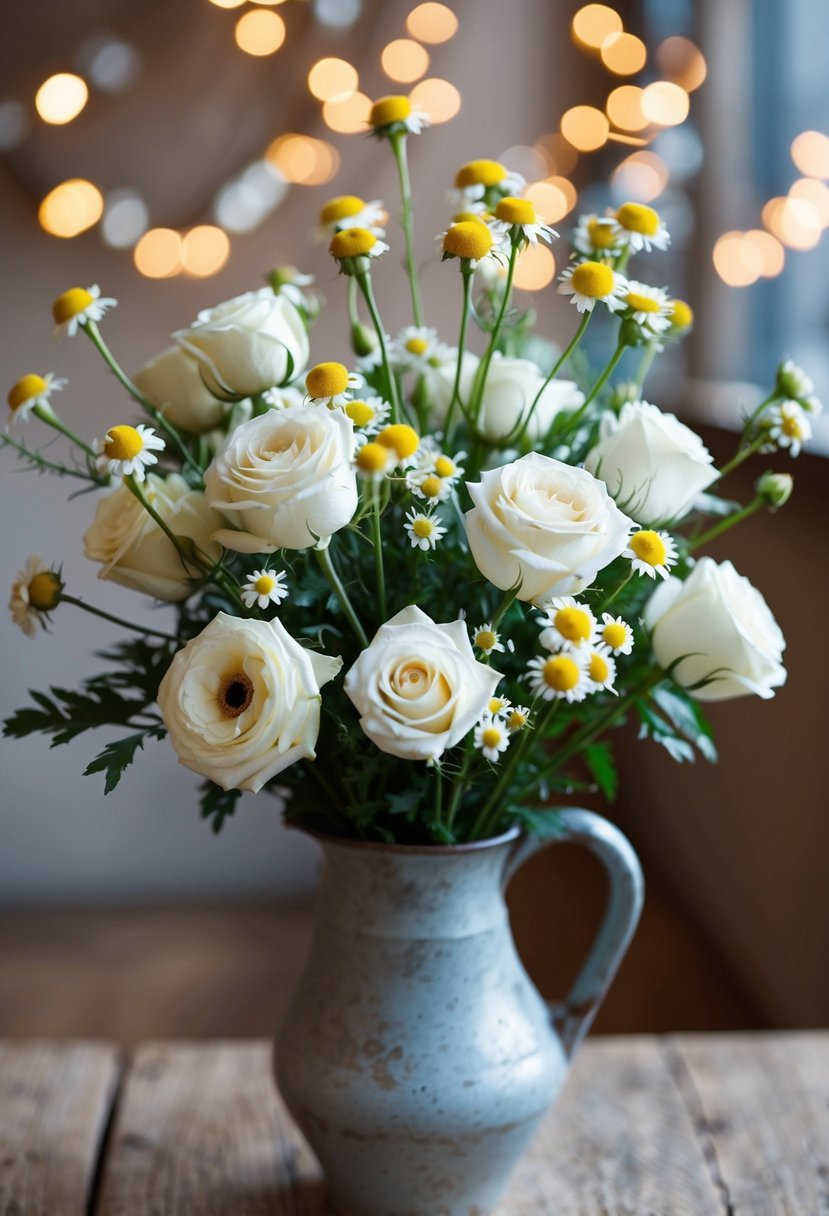 A charming bouquet of white roses and chamomiles arranged in a rustic vase