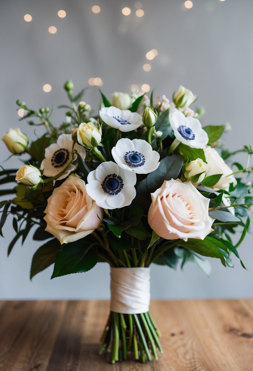 A modern wedding bouquet featuring a fusion of anemones and roses, with a unique and artistic arrangement