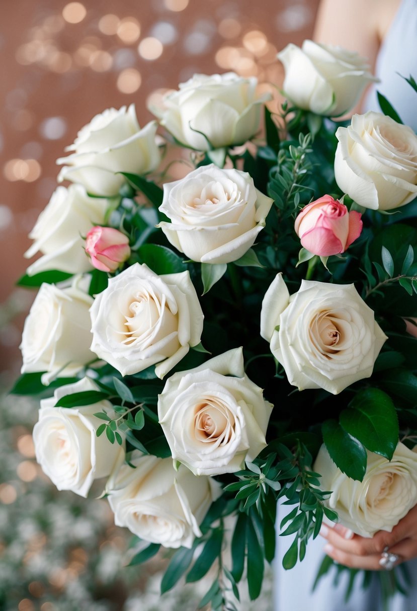 A bouquet of white roses with greenery and pink accents