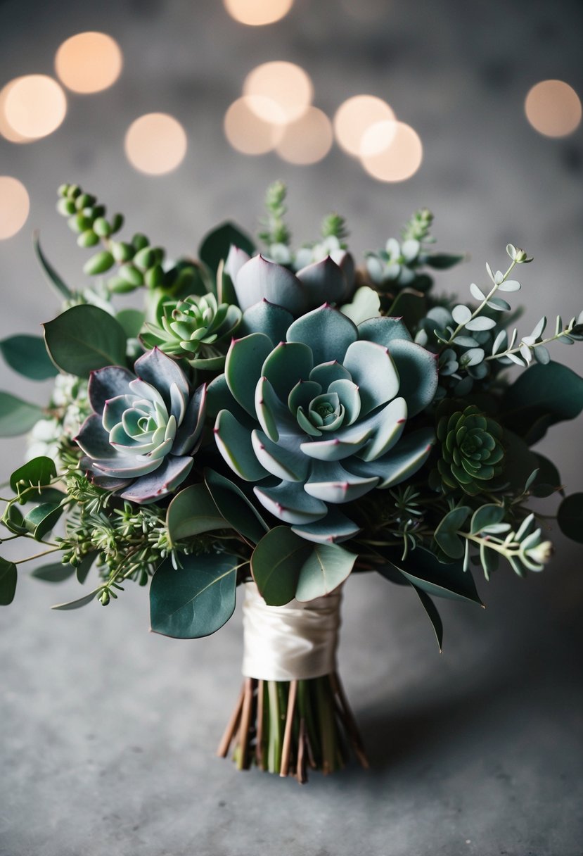 A modern wedding bouquet featuring a mix of succulents and eucalyptus, with a unique and contemporary design