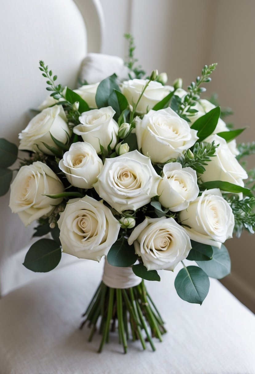 A bouquet of all-white roses with spring green foliage, arranged in a delicate and elegant wedding bouquet