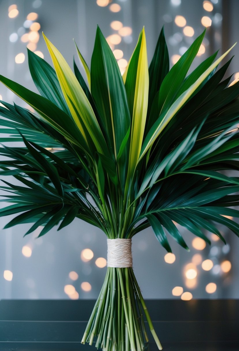 Vibrant palm leaves arranged in a dramatic and modern wedding bouquet